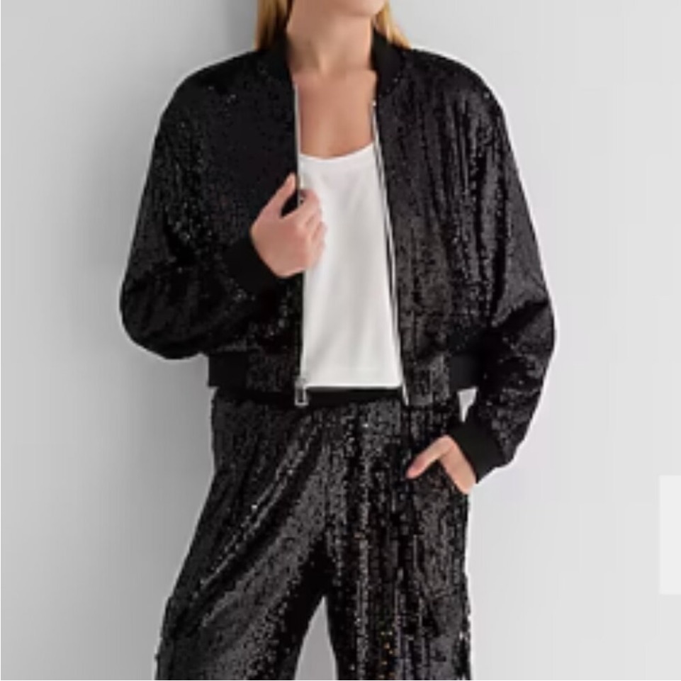 Nwt Express Sequin Cropped Bomber Jacket Xs Pitch Black